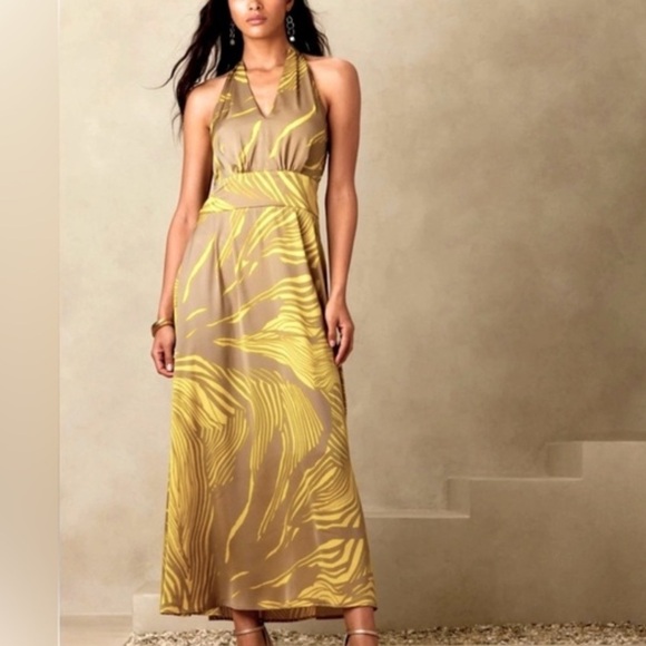 Banana Republic Factory Halter Satin Maxi Dress Khaki Tan Yellow Lime Size 8 P1 - Picture 2 of 10